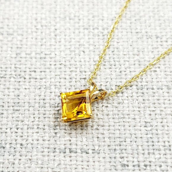 Gold Citrine Pendant Necklace , 10K Yellow Gold Citrine 6x6mm Pendant - Picture 9 of 10